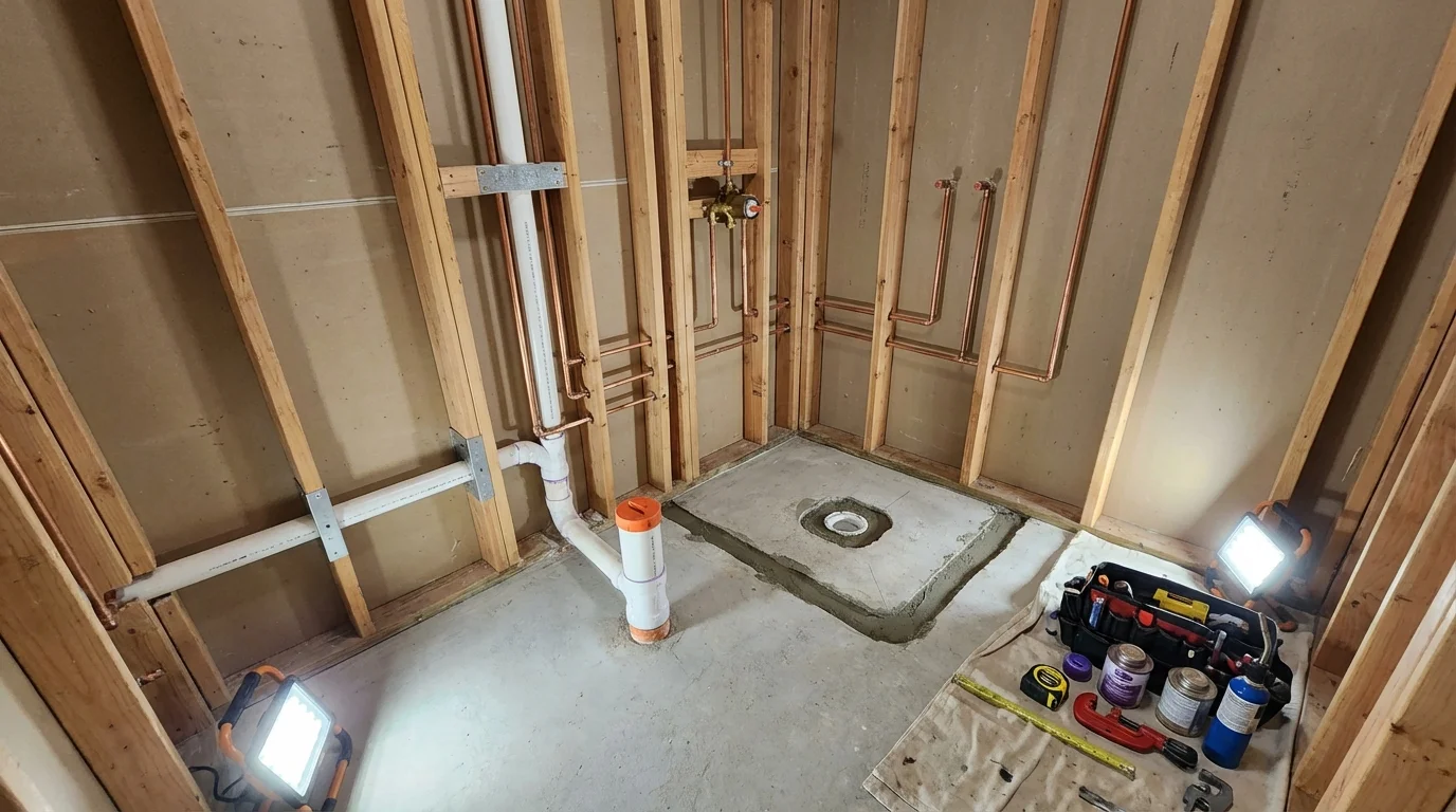 Bathroom rough-in plumbing during remodel by Johns Plumbing LLC in Menahga