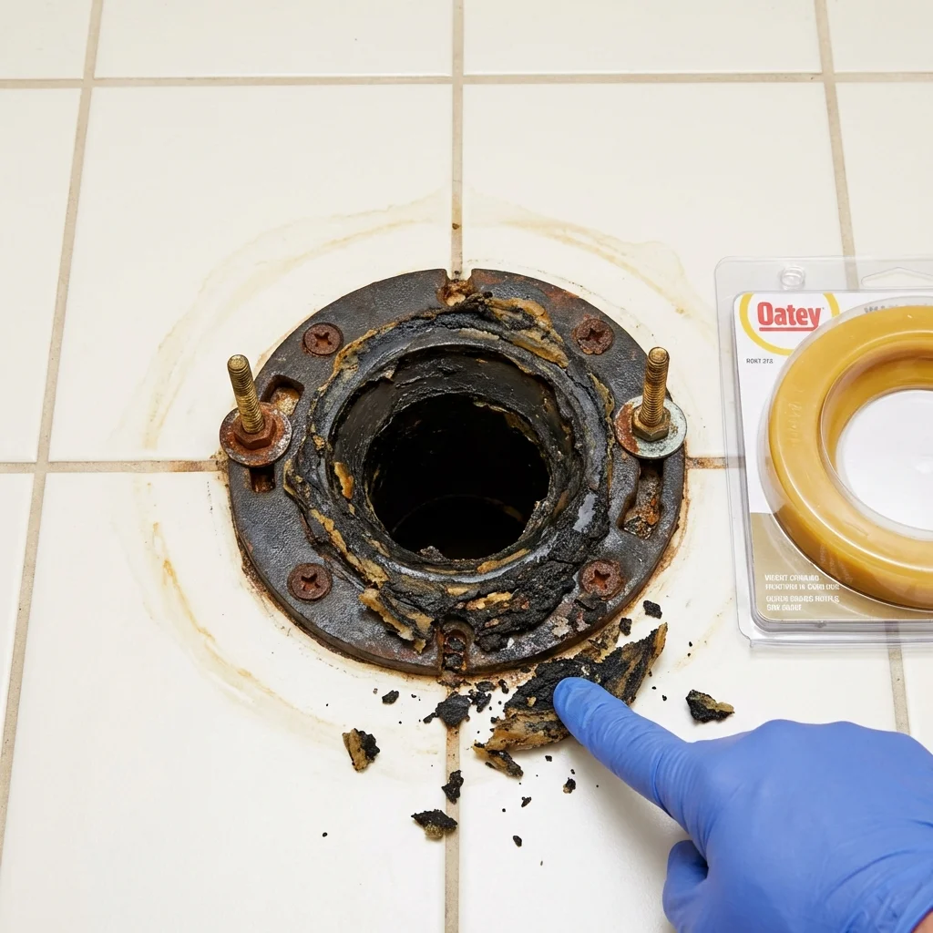 Failed wax ring showing water seepage at the base of a toilet in a Menahga, MN home
