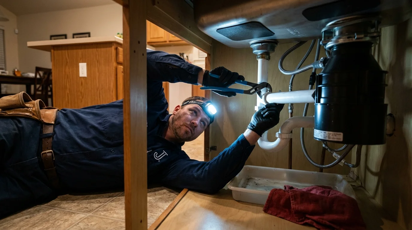 P-trap and supply line connections under a kitchen sink showing a common leak point in Menahga, MN
